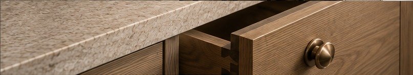 Close-up of oak drawer and stone worktop
