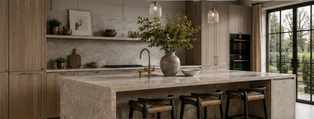 Warm bespoke oak kitchen with stone island