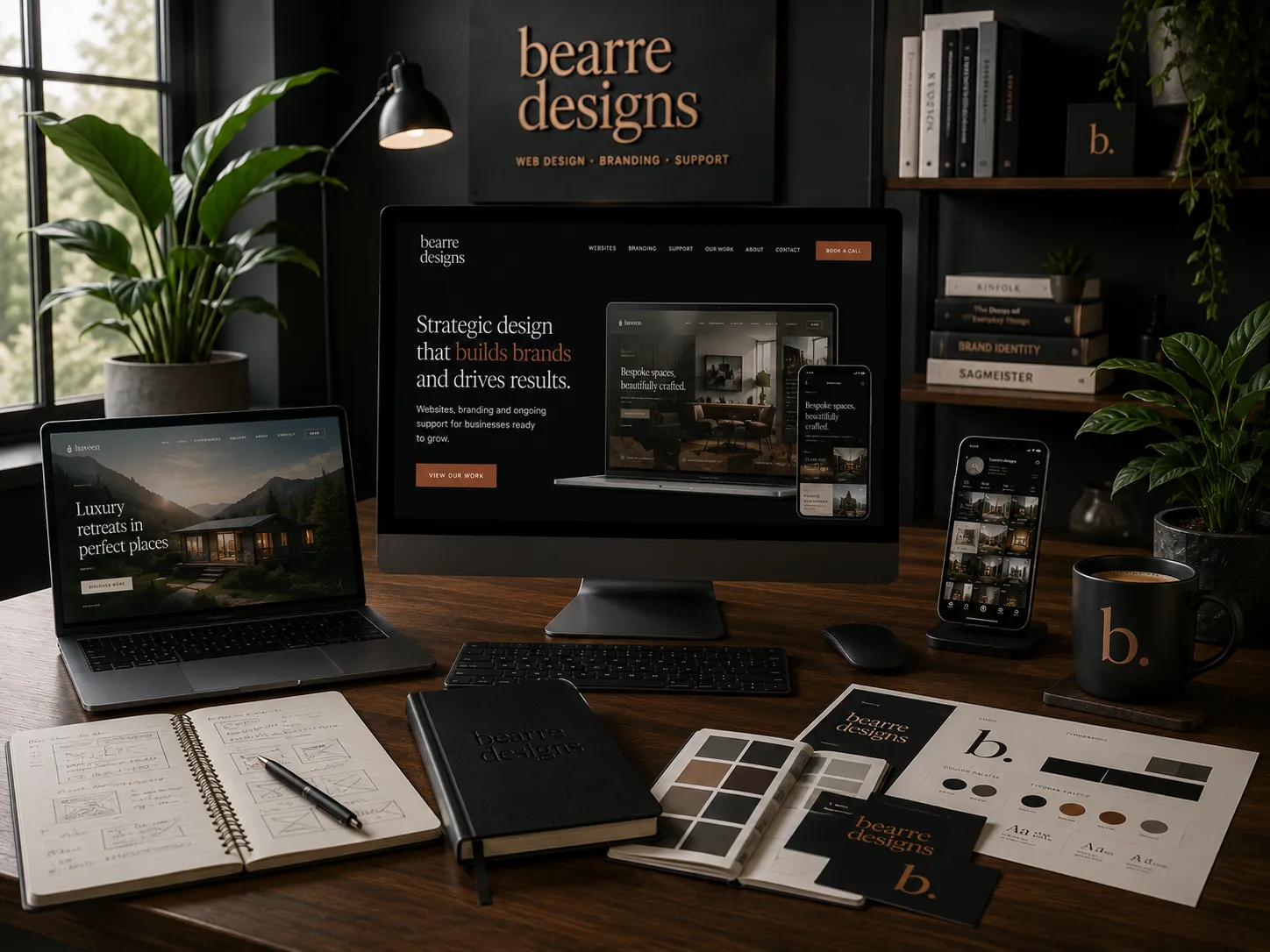 Desktop, laptop and phone displaying Bearre Designs' own website alongside branding materials and swatches in the studio