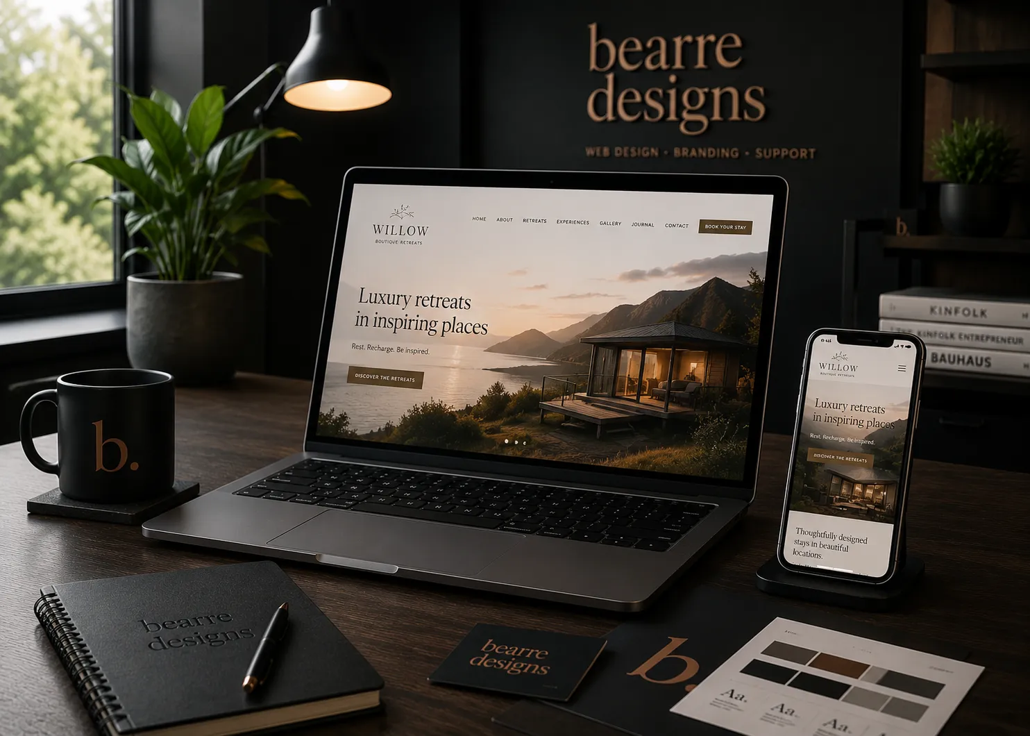 Laptop and phone showing the Willow Boutique Retreats website design in the Bearre Designs studio