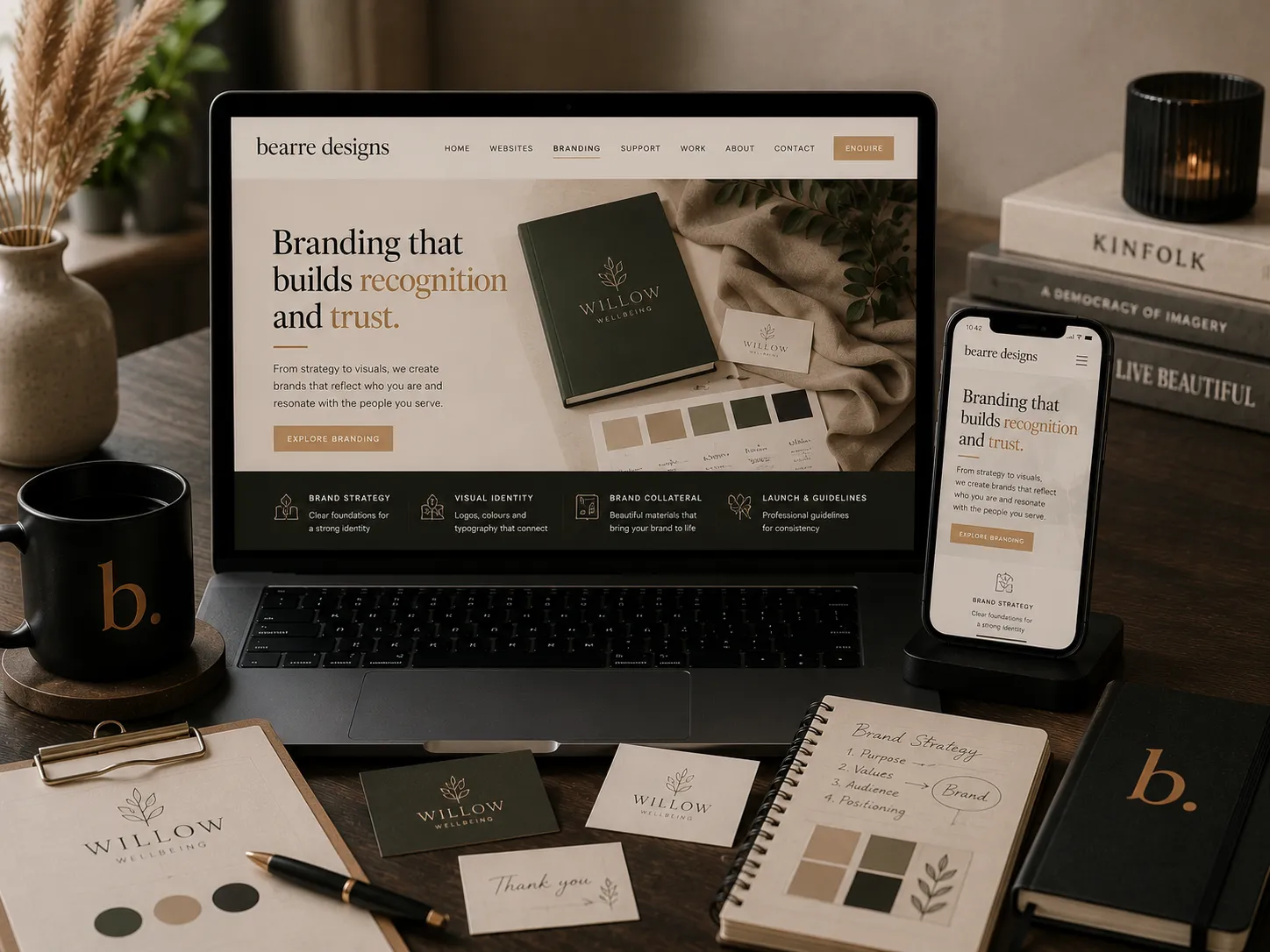 Bearre Designs website mockup showing the Branding page on a laptop screen