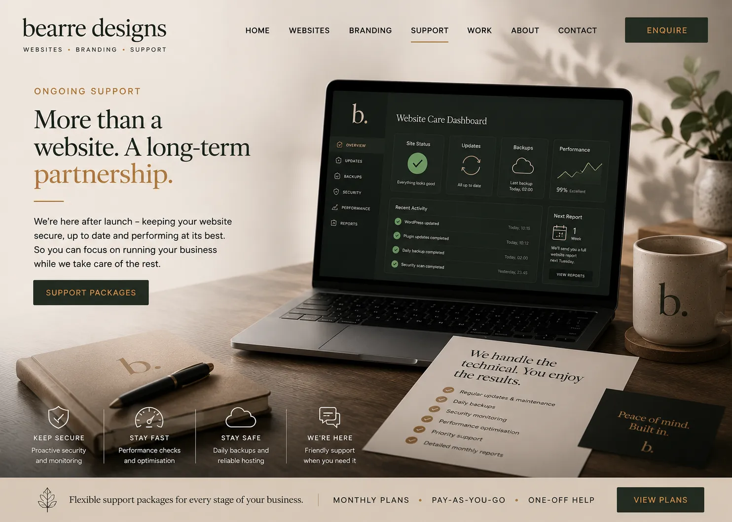 Bearre Designs website mockup showing the Ongoing Support page and website care dashboard