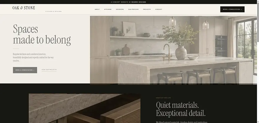 Oak & Stone — bespoke kitchens and interiors website concept homepage